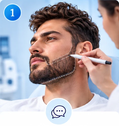 Laser beard sculpting consultation in Ilford with a defined cheek and jaw beard outline marked before treatment.