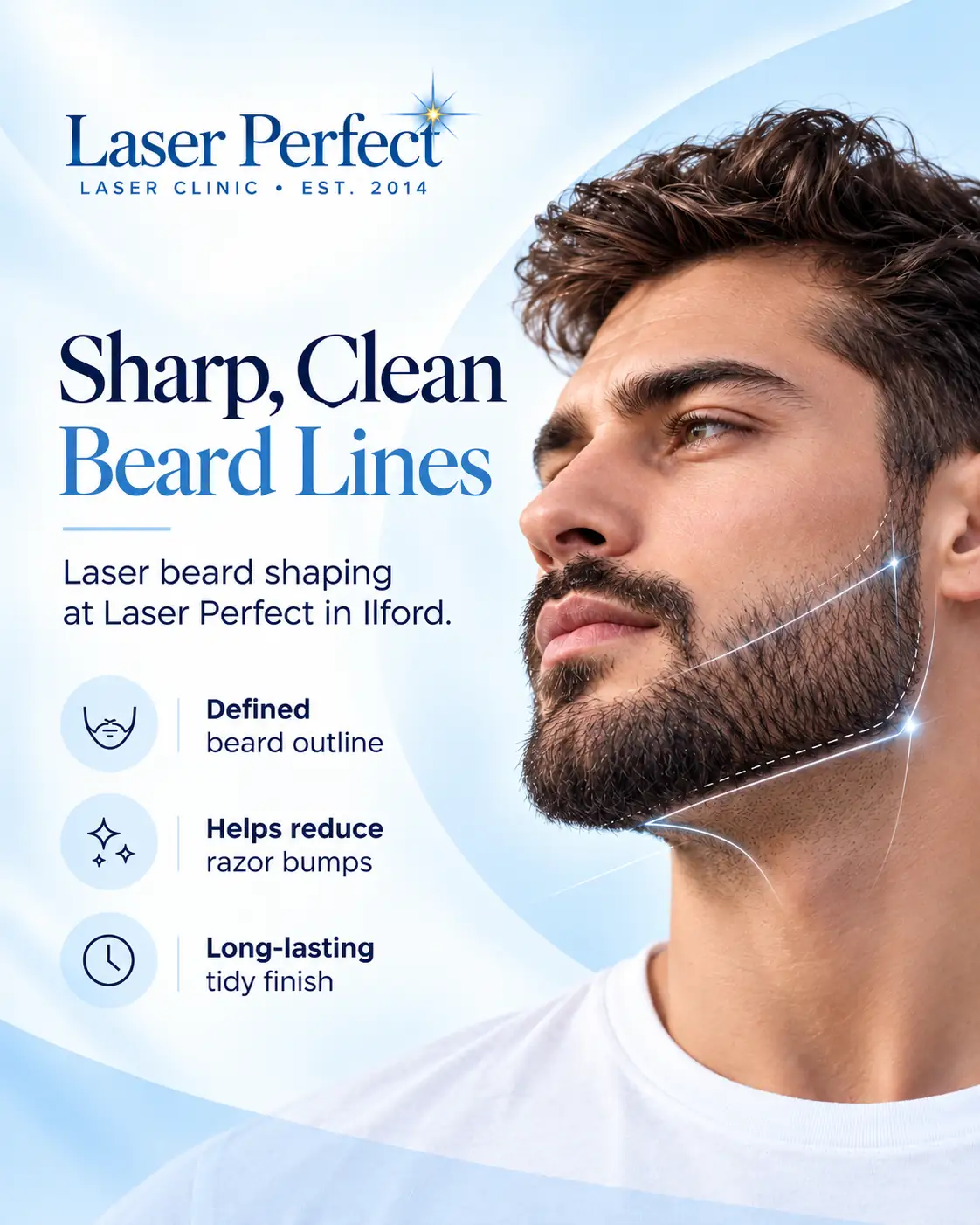 Laser beard shaping in Ilford showing a defined beard outline and cleaner cheek and neckline.