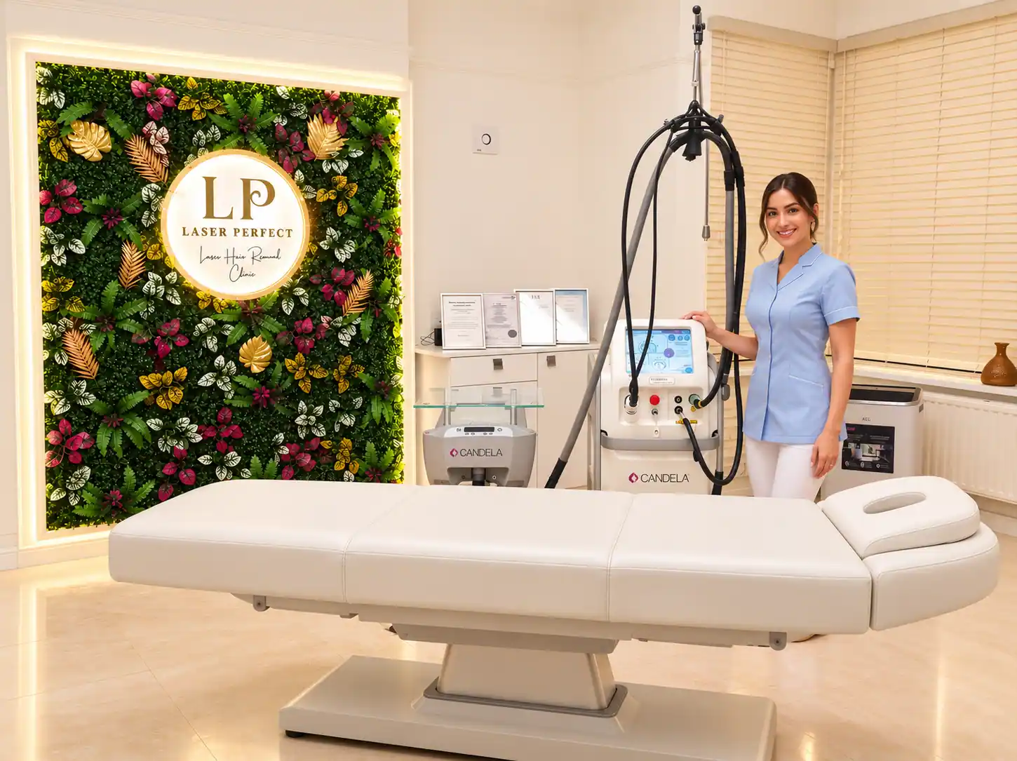 Welcoming therapist standing by laser hair removal equipment in Laser Perfect Ilford treatment room