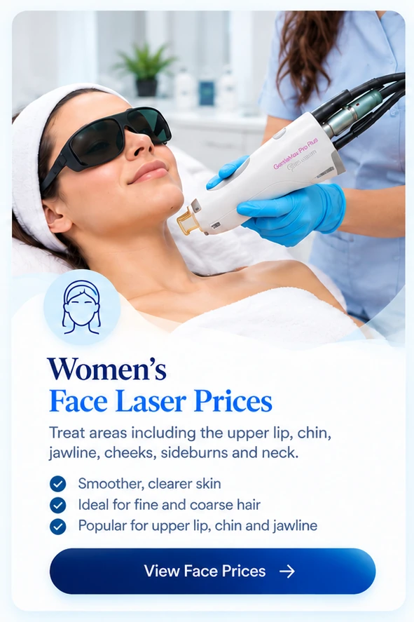 Women’s face laser hair removal prices in Ilford at Laser Perfect using Candela GentleMax Pro Plus.