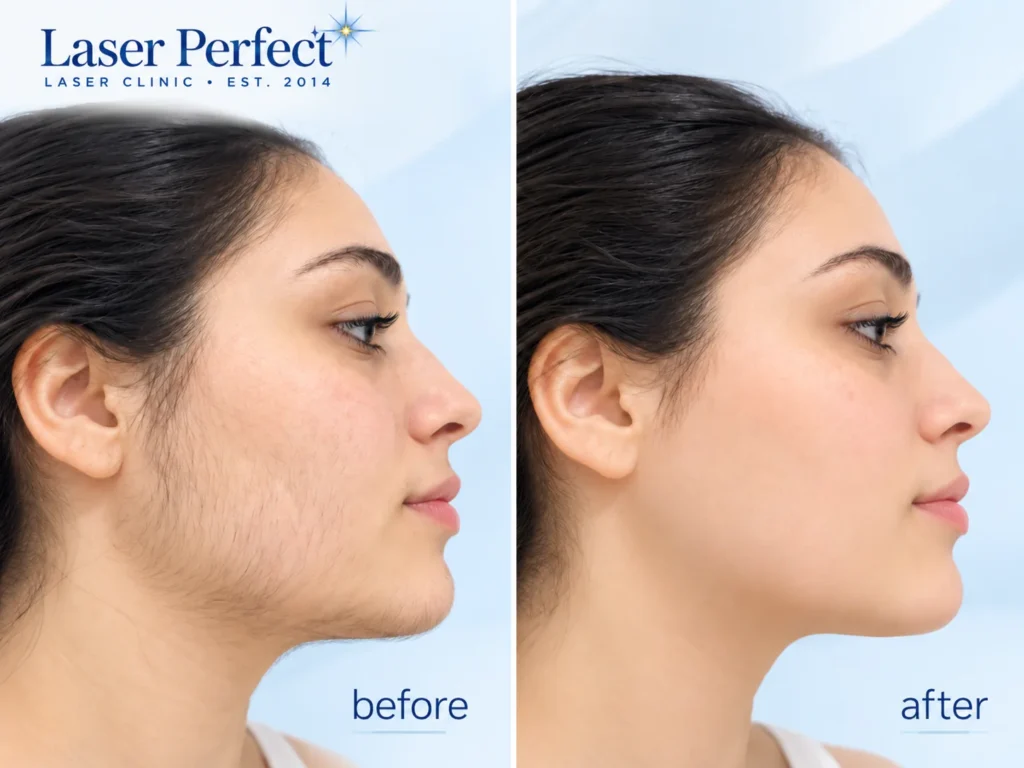 Before and after illustration of female facial hirsutism showing reduced hair on the cheeks and jawline after laser hair removal in Ilford.