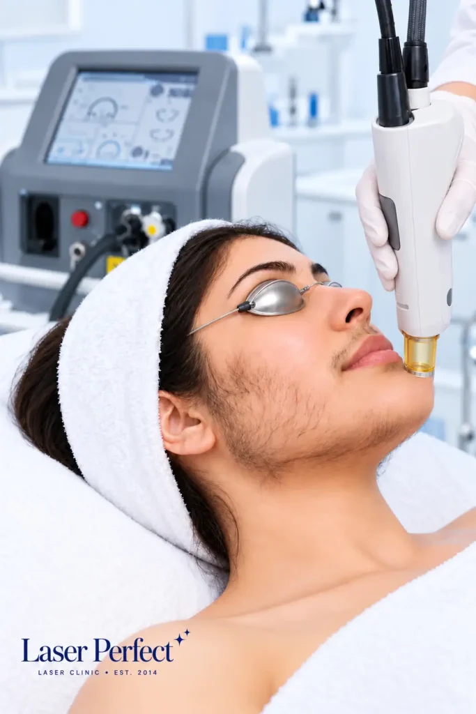 Woman receiving chin laser hair removal for hirsutism using a laser handpiece and protective goggles at Laser Perfect in Ilford.
