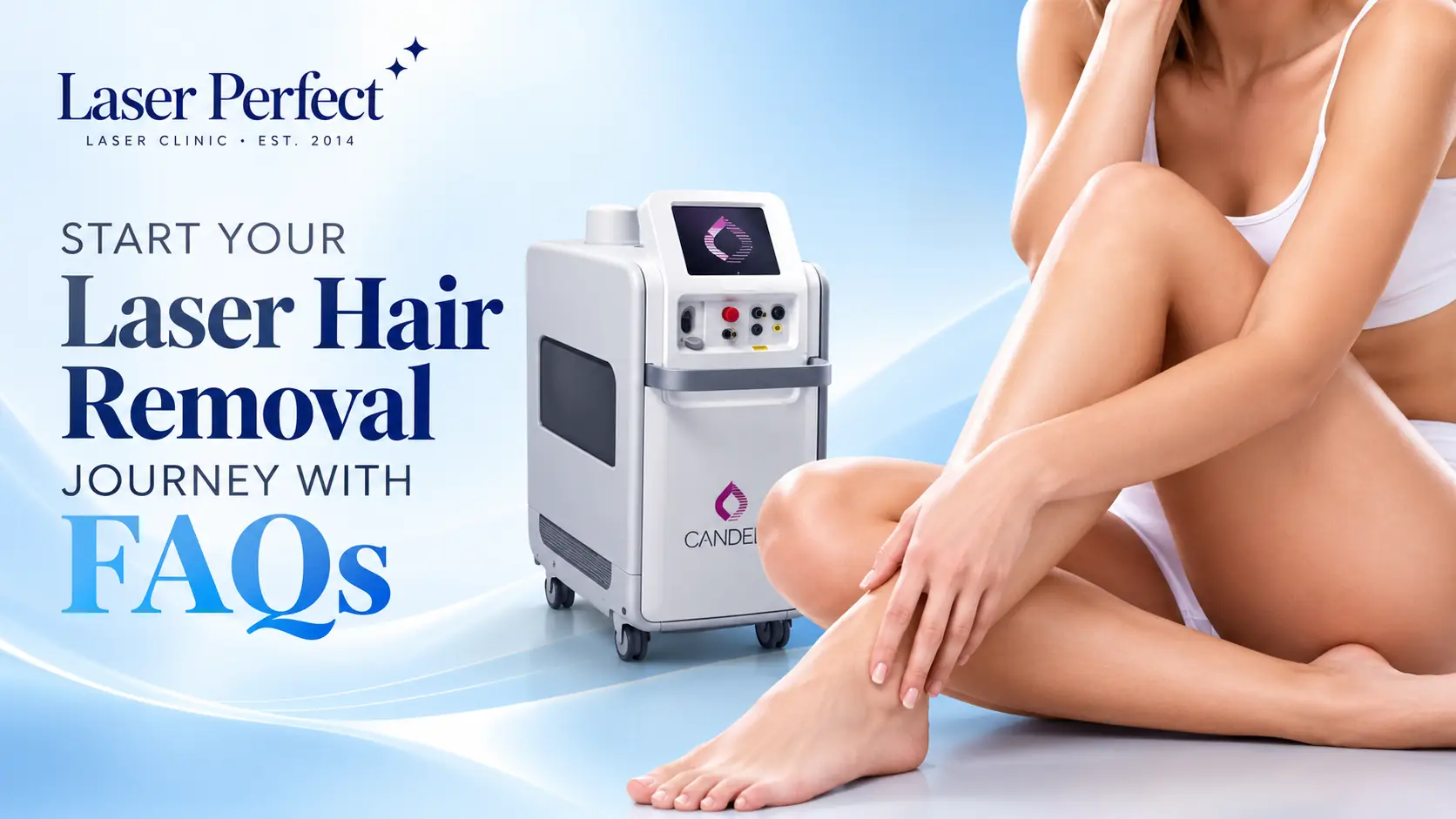 Laser hair removal FAQs at Laser Perfect in Ilford, featuring a woman with smooth legs and Candela laser technology.