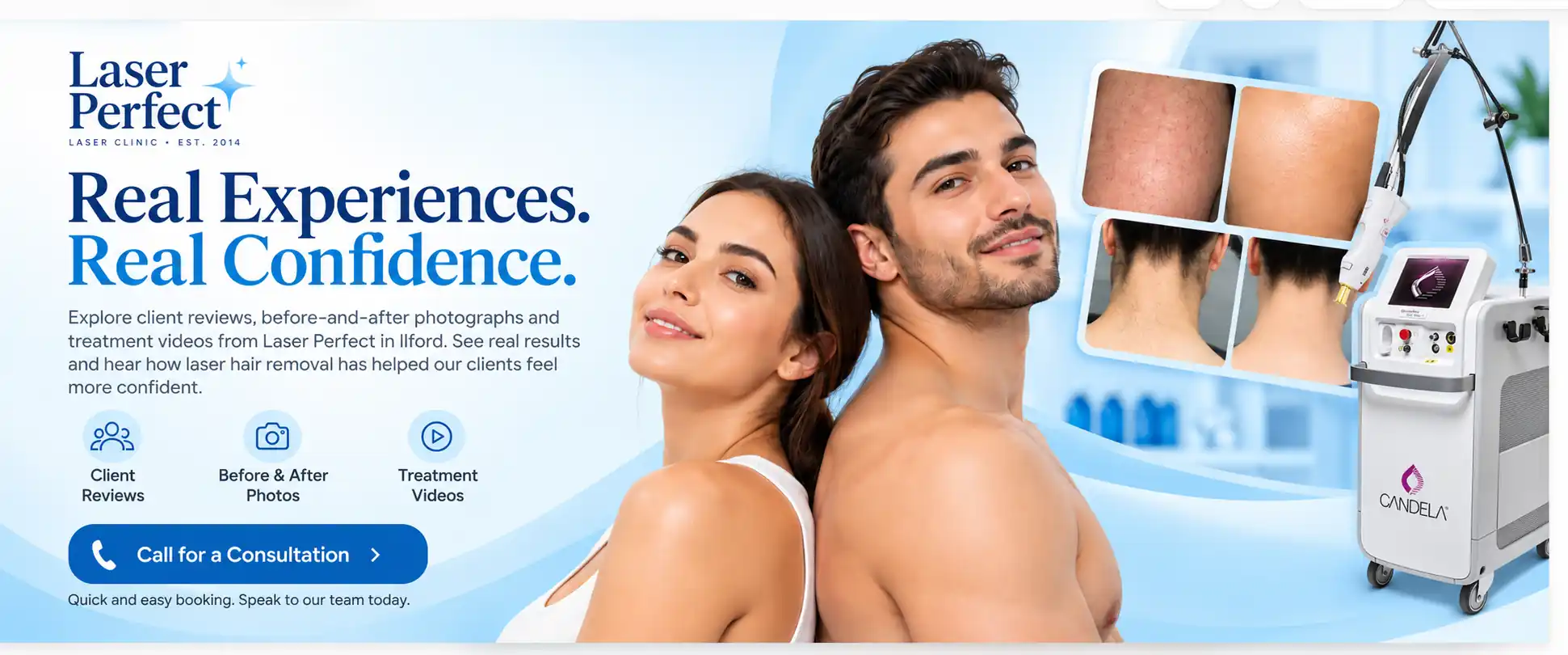 Laser Perfect testimonials hero featuring male and female models, laser hair removal before-and-after images and Candela technology in Ilford.