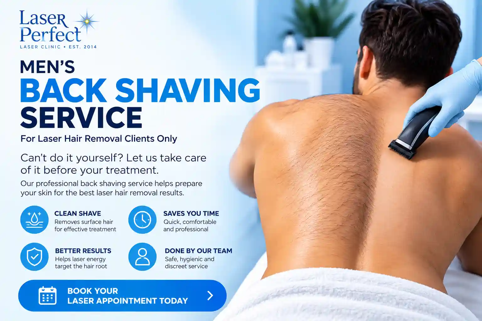 Therapist shaving a man's back before laser hair removal treatment at Laser Perfect clinic in Ilford, East London.