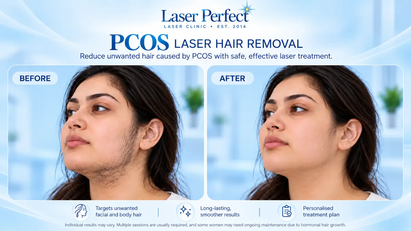 PCOS PCOS facial hair before and after laser hair removal in Ilford, showing reduced coarse hair with fine regrowth remaining.