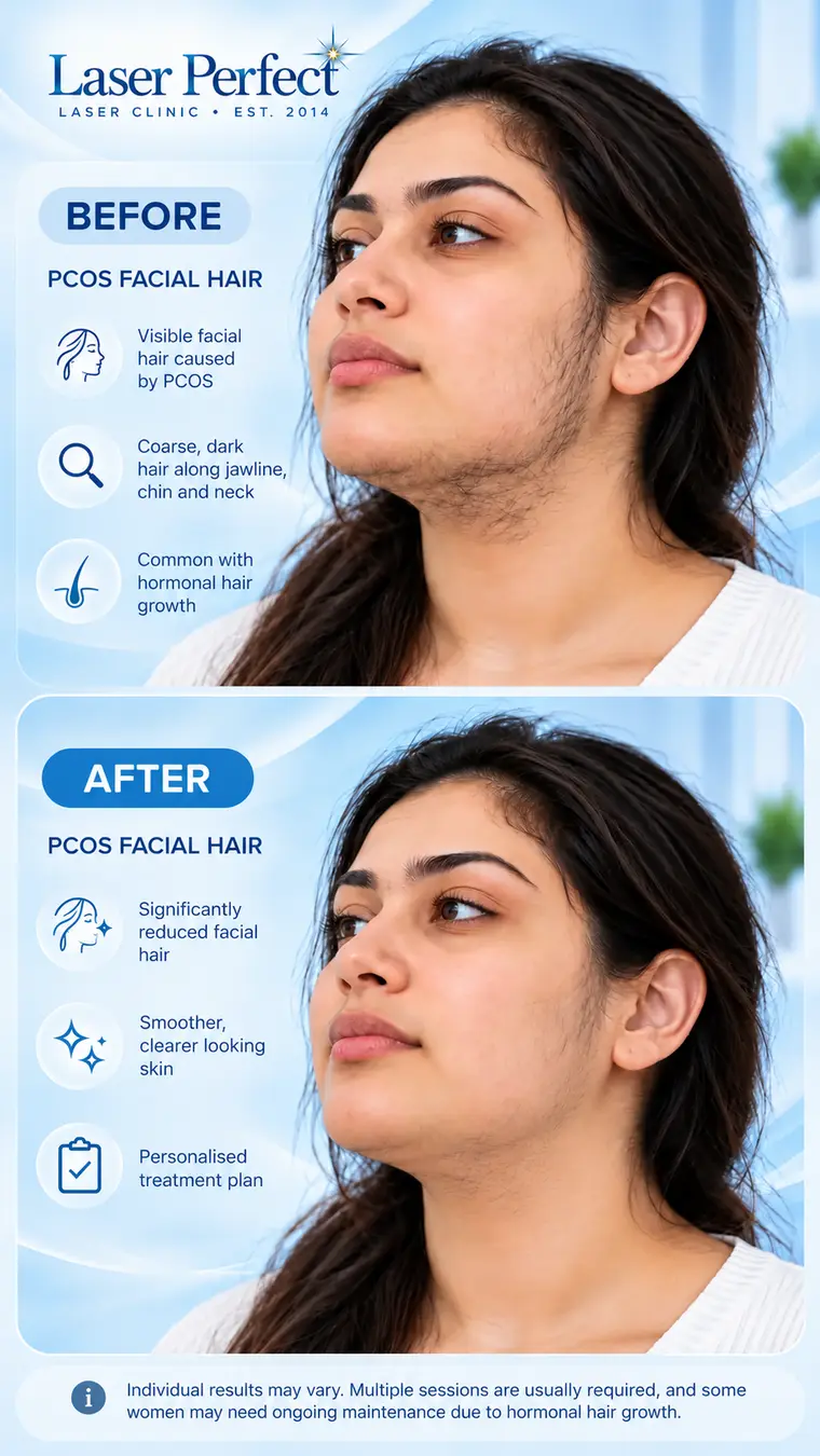 PCOS PCOS facial hair before and after laser hair removal in Ilford, showing substantial reduction with a small amount of fine hair remaining.