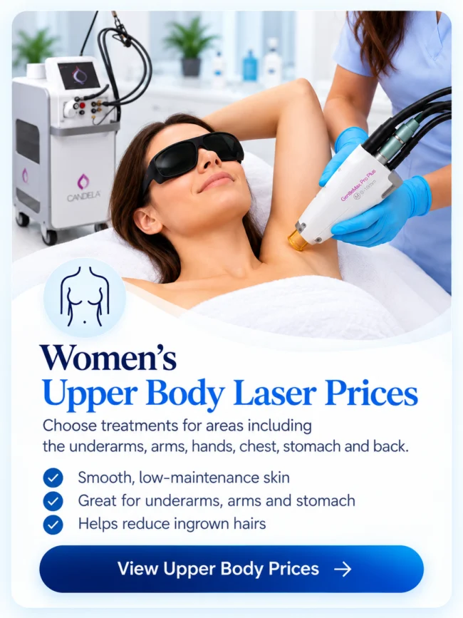 Women’s upper body laser hair removal prices in Ilford showing underarm treatment with Candela GentleMax Pro Plus.